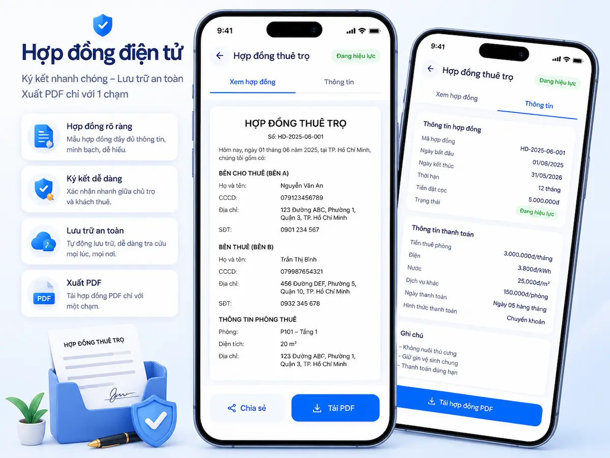 Quản lý hợp đồng thuê trọ xuất PDF trên EasyTro