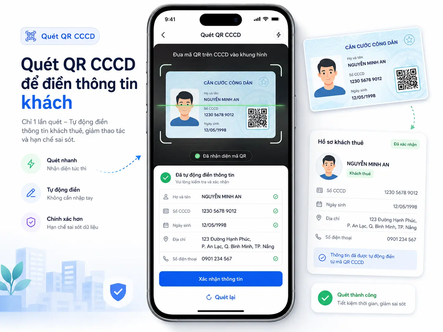 Quét mã QR trên thẻ CCCD khách thuê trong EasyTro