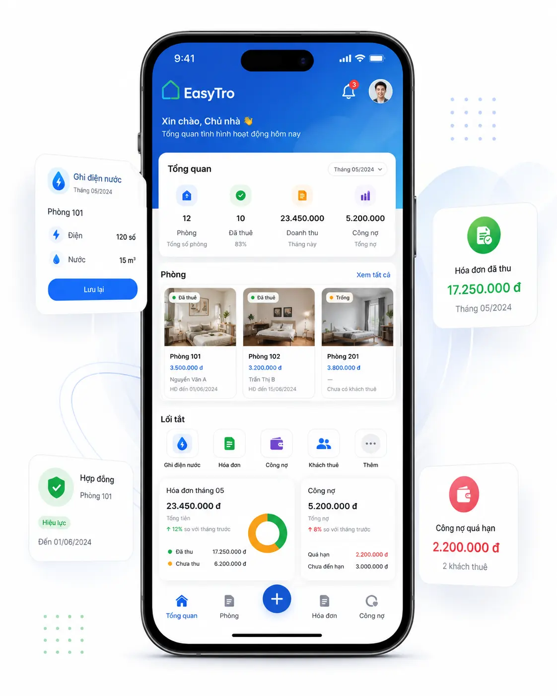 Giao diện EasyTro quản lý phòng trọ rõ ràng trên điện thoại
